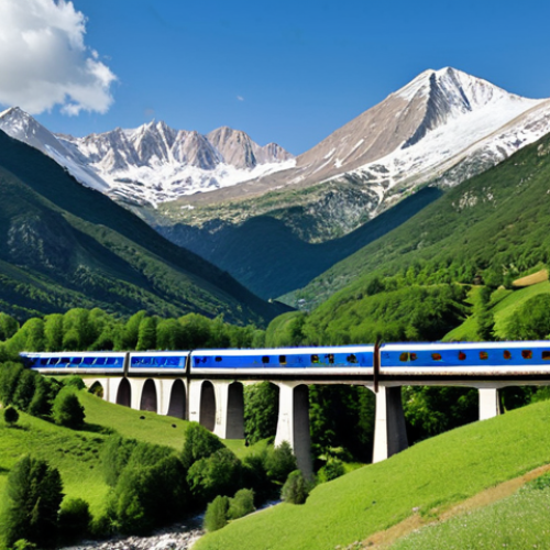 Home 13 **Train Journey through the Pyrenees**: An idyllic scene of a train traveling through the majestic Pyrenees mountains, with lush green valleys and snow-capped peaks in the background. The train should be depicted as a vibrant and inviting mode of transport, surrounded by picturesque landscapes.