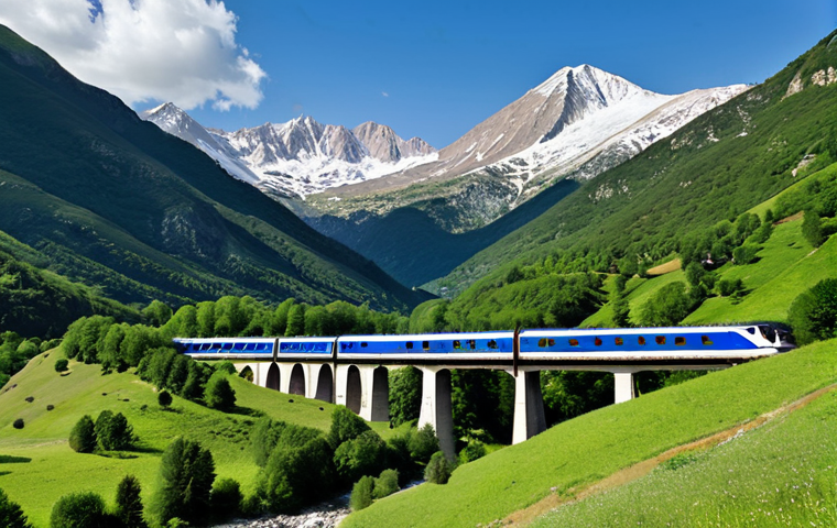 **Train Journey through the Pyrenees**: An idyllic scene of a train traveling through the majestic Pyrenees mountains, with lush green valleys and snow-capped peaks in the background. The train should be depicted as a vibrant and inviting mode of transport, surrounded by picturesque landscapes.