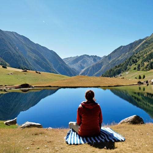Home 8 **Prompt:** "A serene panoramic view of the Tristaina lakes in Andorra, reflecting the clear blue sky and surrounding Pyrenees mountains. Capture the tranquil atmosphere, with a lone hiker sitting peacefully by the largest lake, enjoying a picnic. The style should evoke a sense of calm and natural beauty, suitable for a travel postcard."