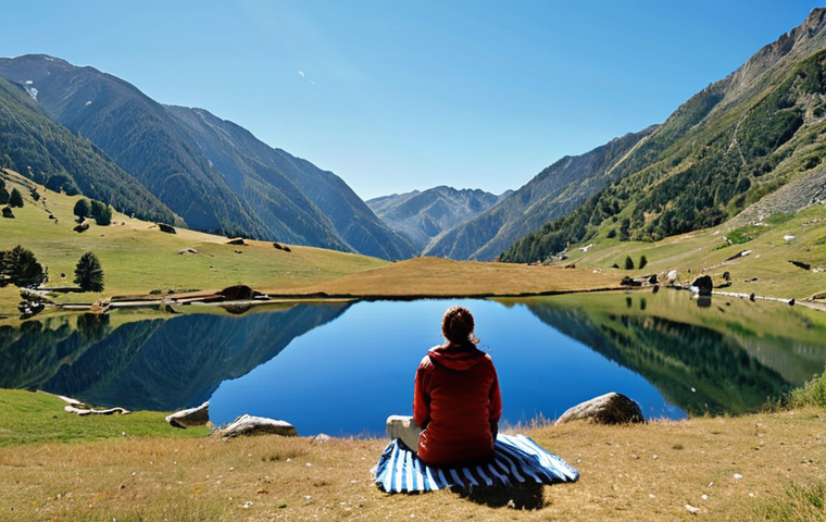 **Prompt:** "A serene panoramic view of the Tristaina lakes in Andorra, reflecting the clear blue sky and surrounding Pyrenees mountains. Capture the tranquil atmosphere, with a lone hiker sitting peacefully by the largest lake, enjoying a picnic. The style should evoke a sense of calm and natural beauty, suitable for a travel postcard."